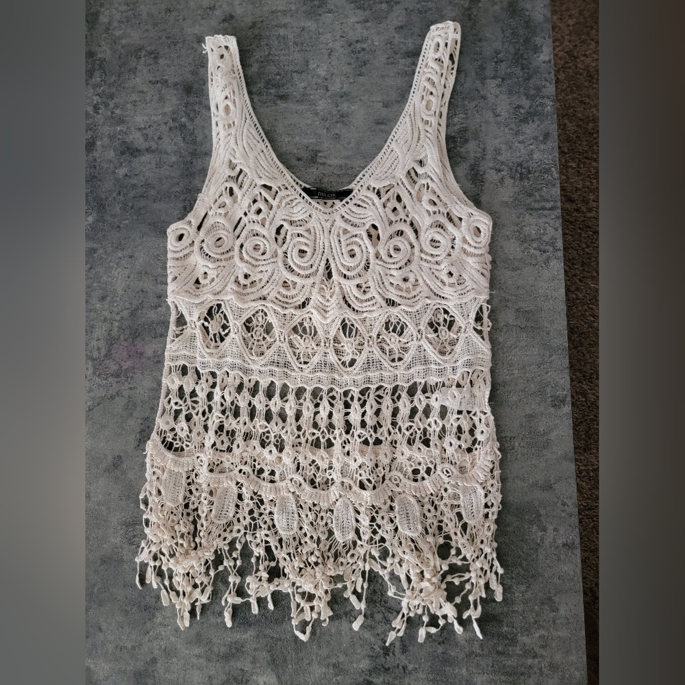 Dulcie Crochet Lace Top Womens S Cream White Open Knit Fringe Beach Cottagecore